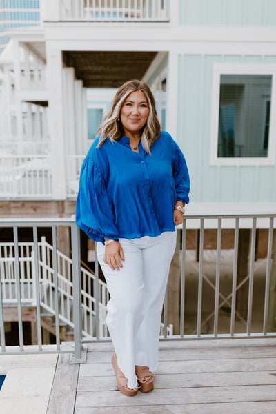 Royal Blue Puff Sleeve Button Down Blouse