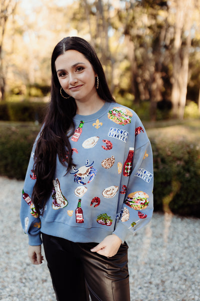 Queen of Sparkles Blue Louisiana Food Sweatshirt