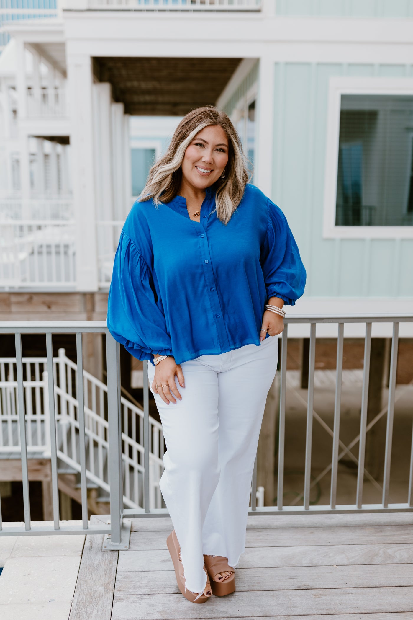 Royal Blue Puff Sleeve Button Down Blouse