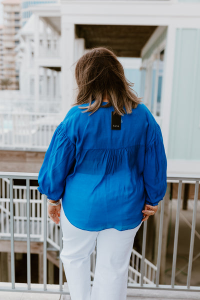 Royal Blue Puff Sleeve Button Down Blouse