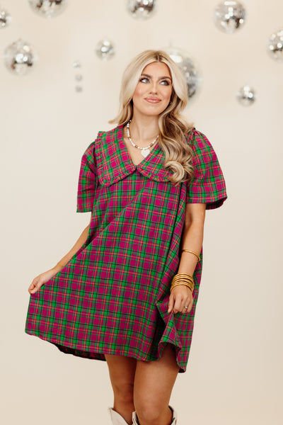 Magenta Plaid Short Sleeve Overlay Collar Mini Dress