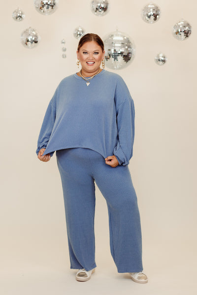 Cornflower Blue Oversized Ribbed Long Sleeve Top and Pant Set