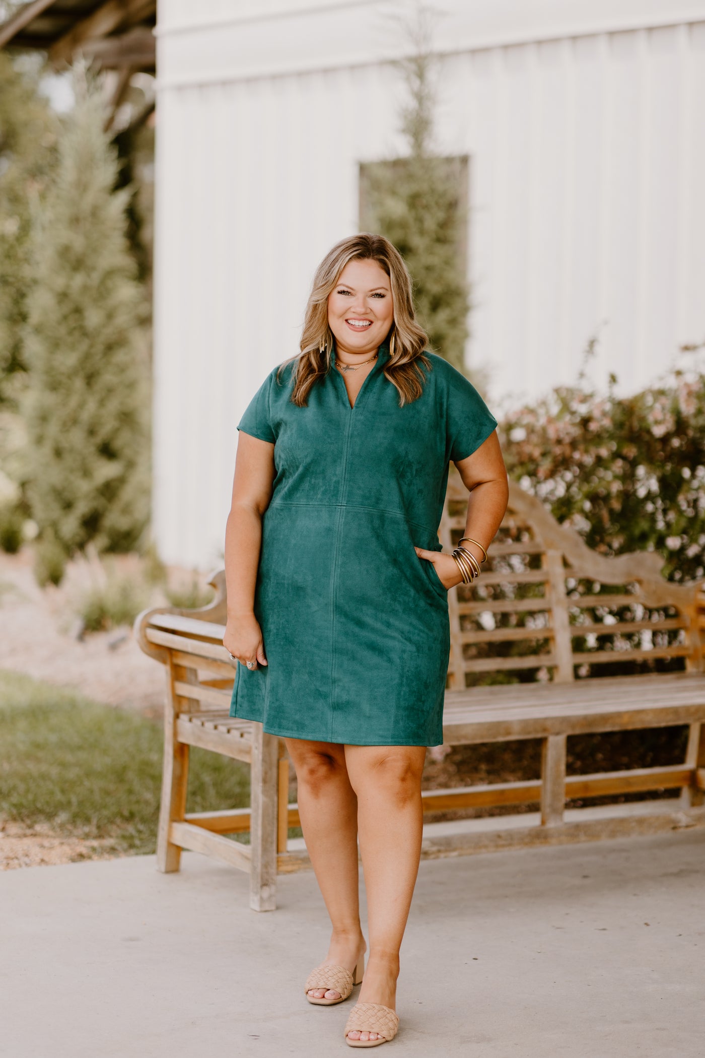 Teal Suede Ruffle Neck Dress