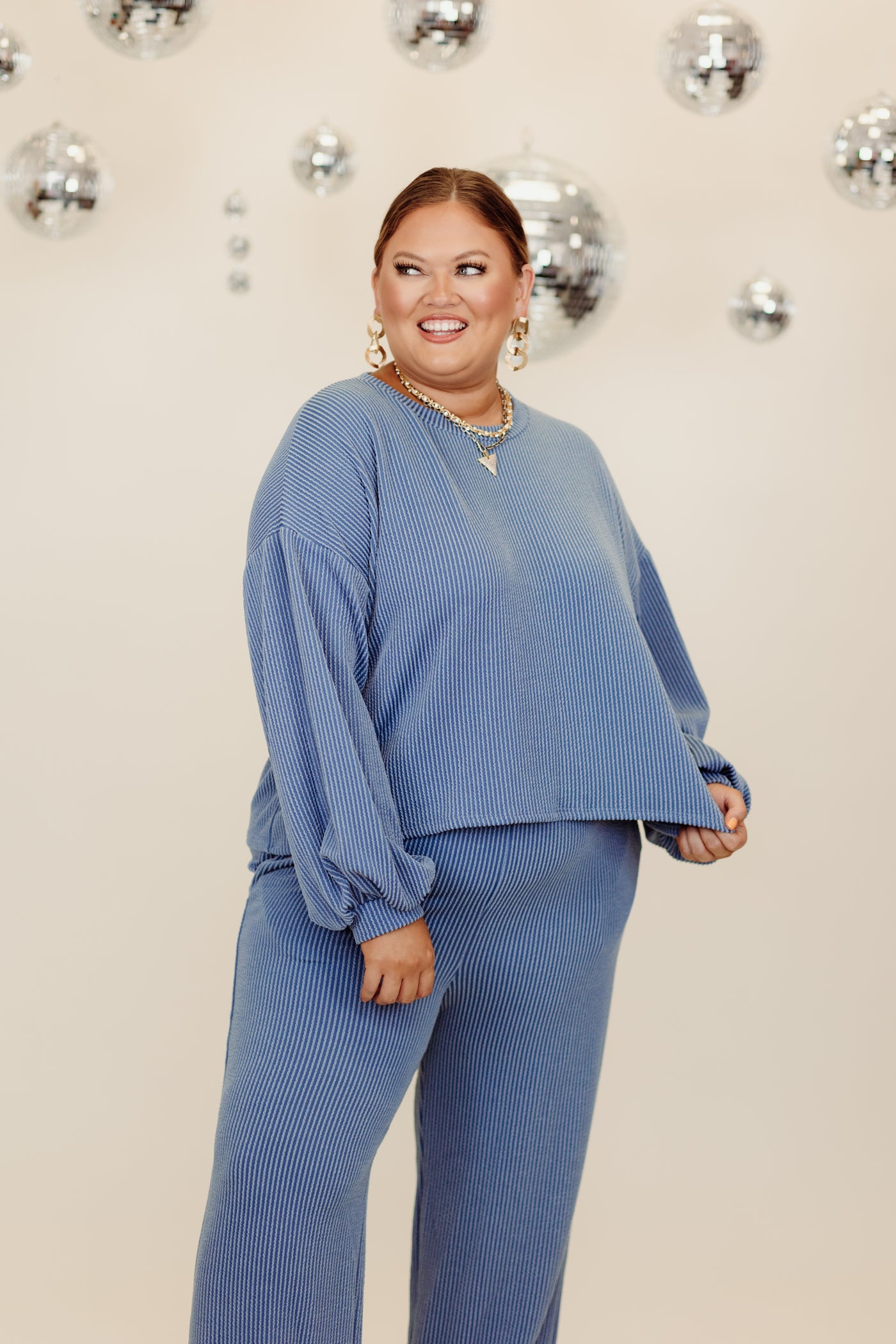 Cornflower Blue Oversized Ribbed Long Sleeve Top and Pant Set