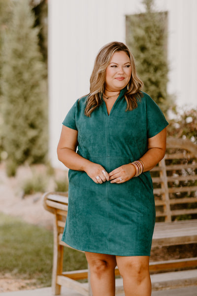 Teal Suede Ruffle Neck Dress