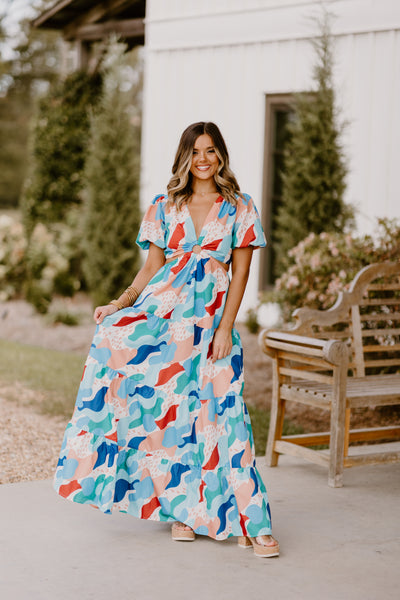 Blue and Taupe Mix Abstract Print Cut Out Maxi Dress