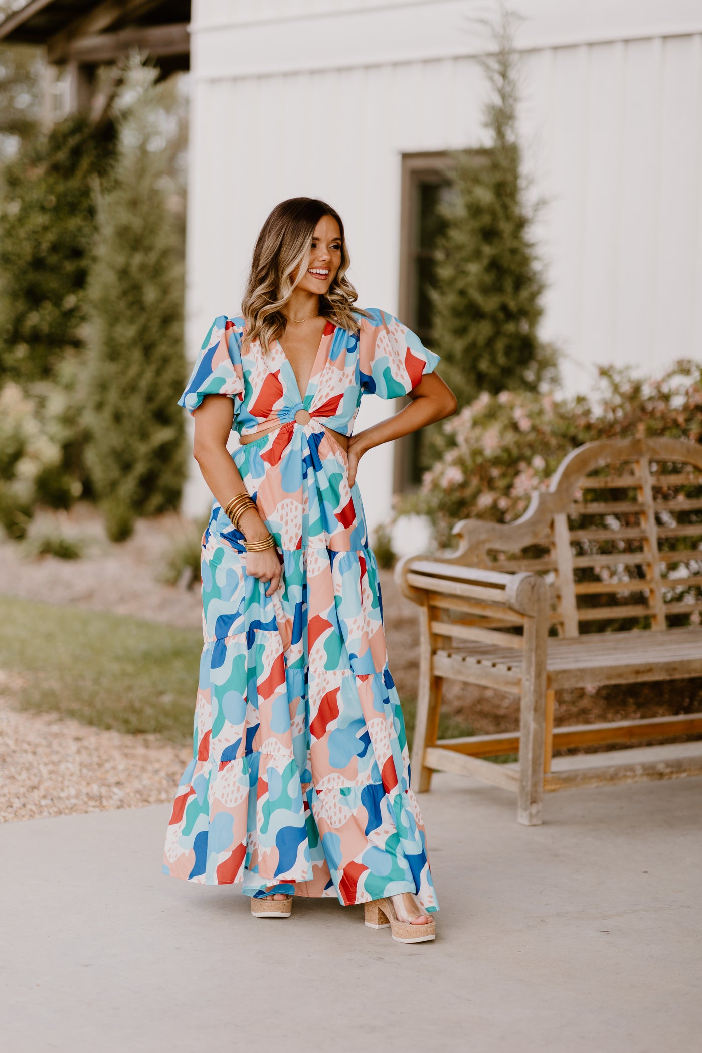 Blue and Taupe Mix Abstract Print Cut Out Maxi Dress
