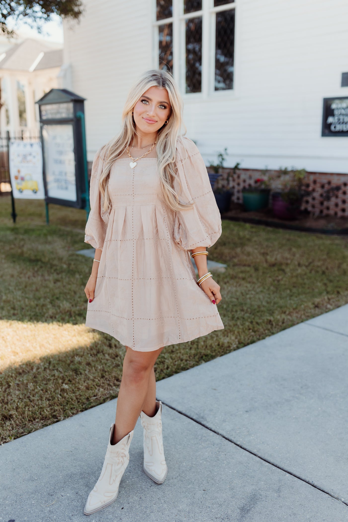 Beige Eyelet Square Neck Puff Sleeve Dress