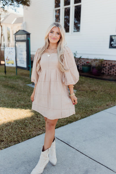 Beige Eyelet Square Neck Puff Sleeve Dress