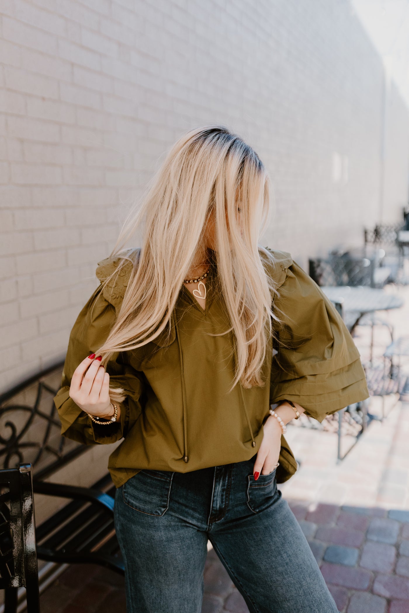 Olive Oversized Scallop Collar 3/4 Sleeve Top