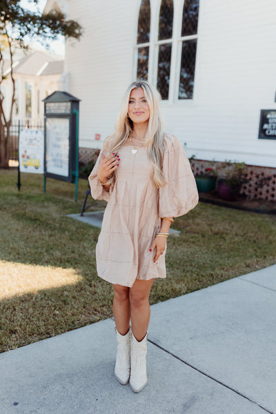 Beige Eyelet Square Neck Puff Sleeve Dress