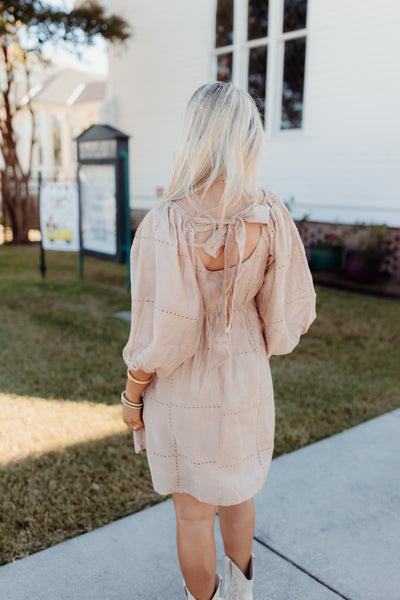 Beige Eyelet Square Neck Puff Sleeve Dress