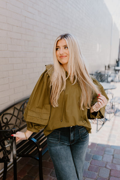 Olive Oversized Scallop Collar 3/4 Sleeve Top