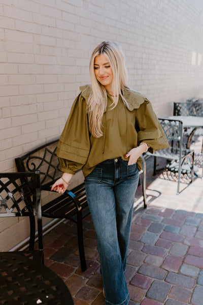 Olive Oversized Scallop Collar 3/4 Sleeve Top