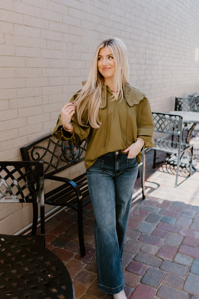 Olive Oversized Scallop Collar 3/4 Sleeve Top