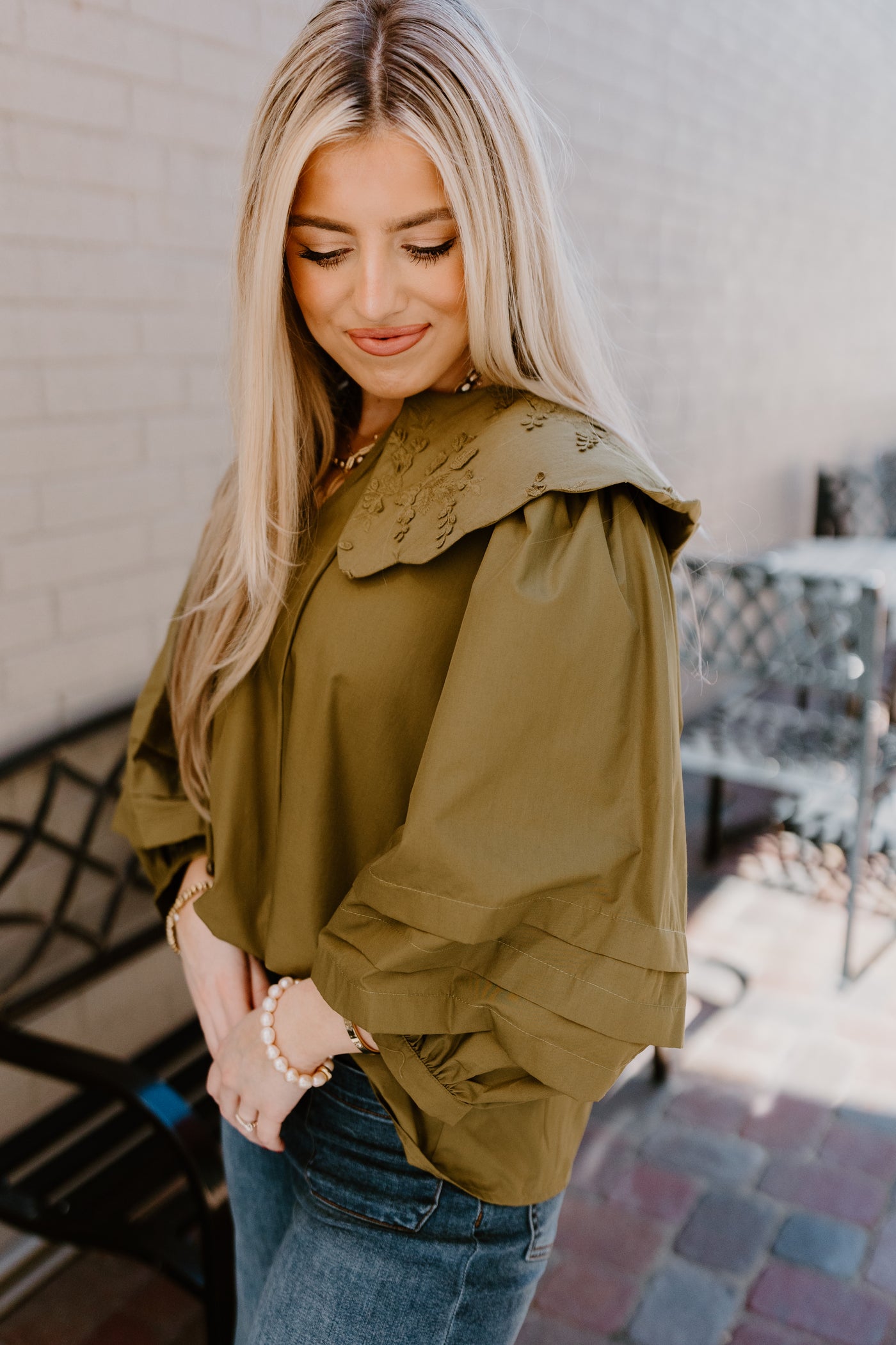 Olive Oversized Scallop Collar 3/4 Sleeve Top