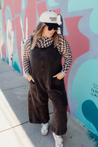 Black Charcoal Vintage Washed Waffle Knit Overalls