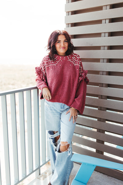 Sangria Red Chenille Pearl Ruffle Mock Neck Sweater