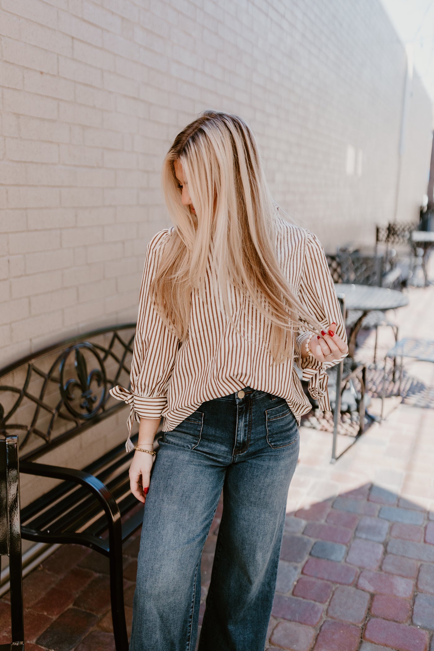 Brown Striped Tie Detail 3/4 Sleeve Top