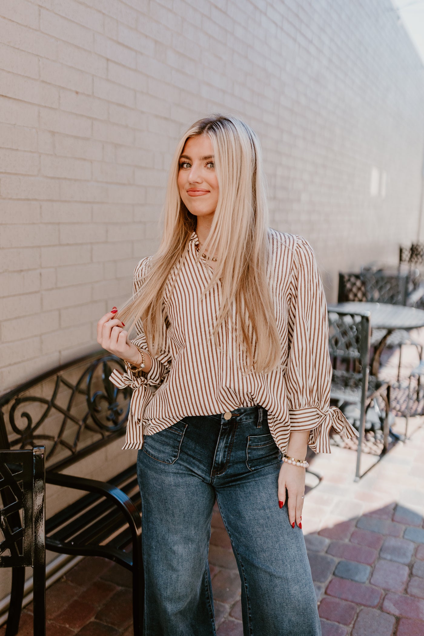 Brown Striped Tie Detail 3/4 Sleeve Top