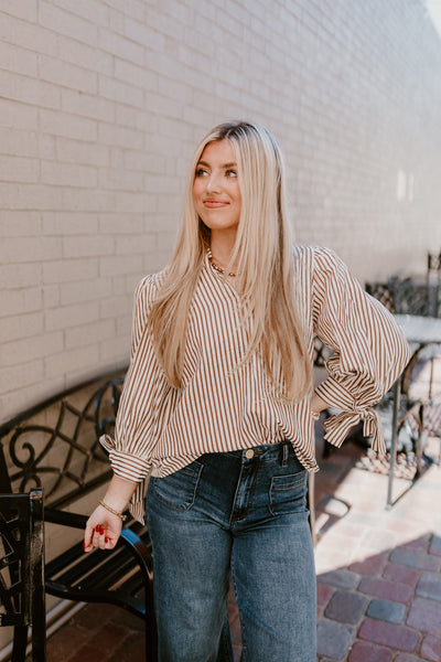 Brown Striped Tie Detail 3/4 Sleeve Top