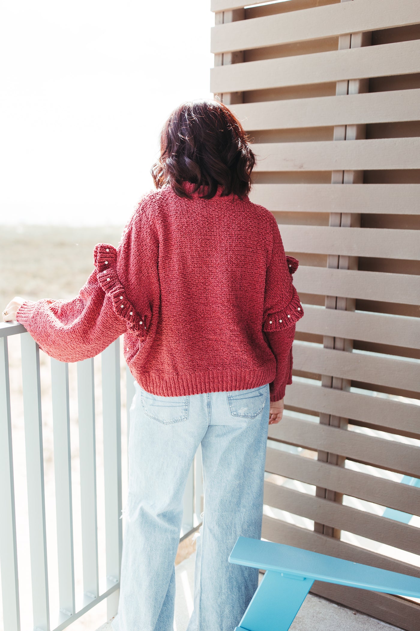 Sangria Red Chenille Pearl Ruffle Mock Neck Sweater