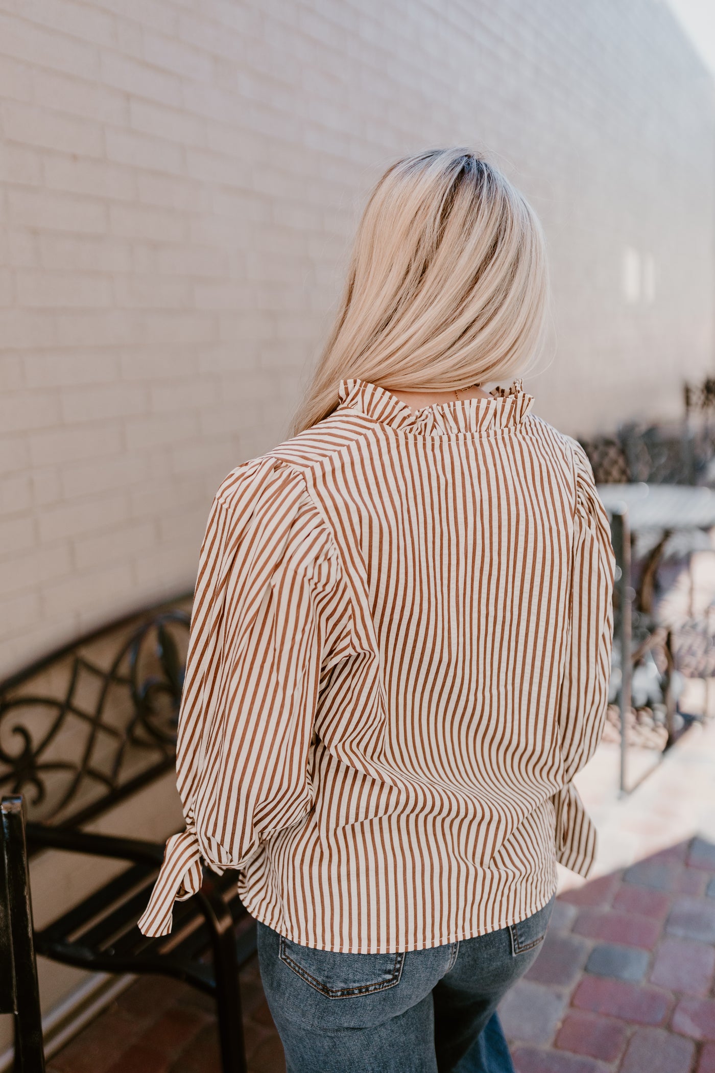 Brown Striped Tie Detail 3/4 Sleeve Top