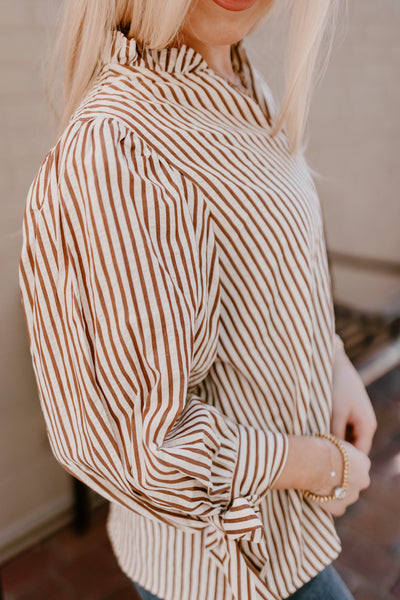 Brown Striped Tie Detail 3/4 Sleeve Top