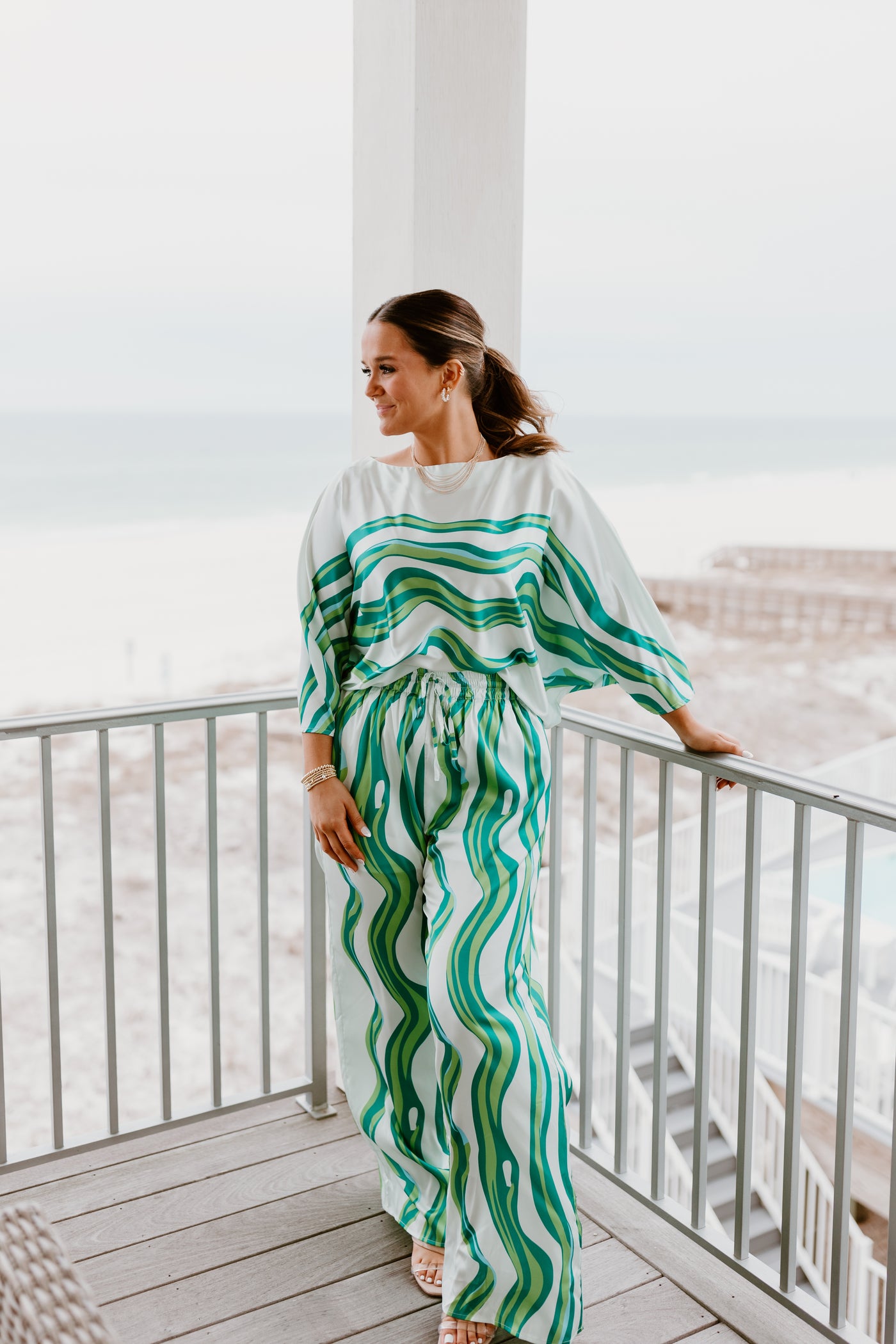 Green Abstract Wide Leg Top and Pant Set