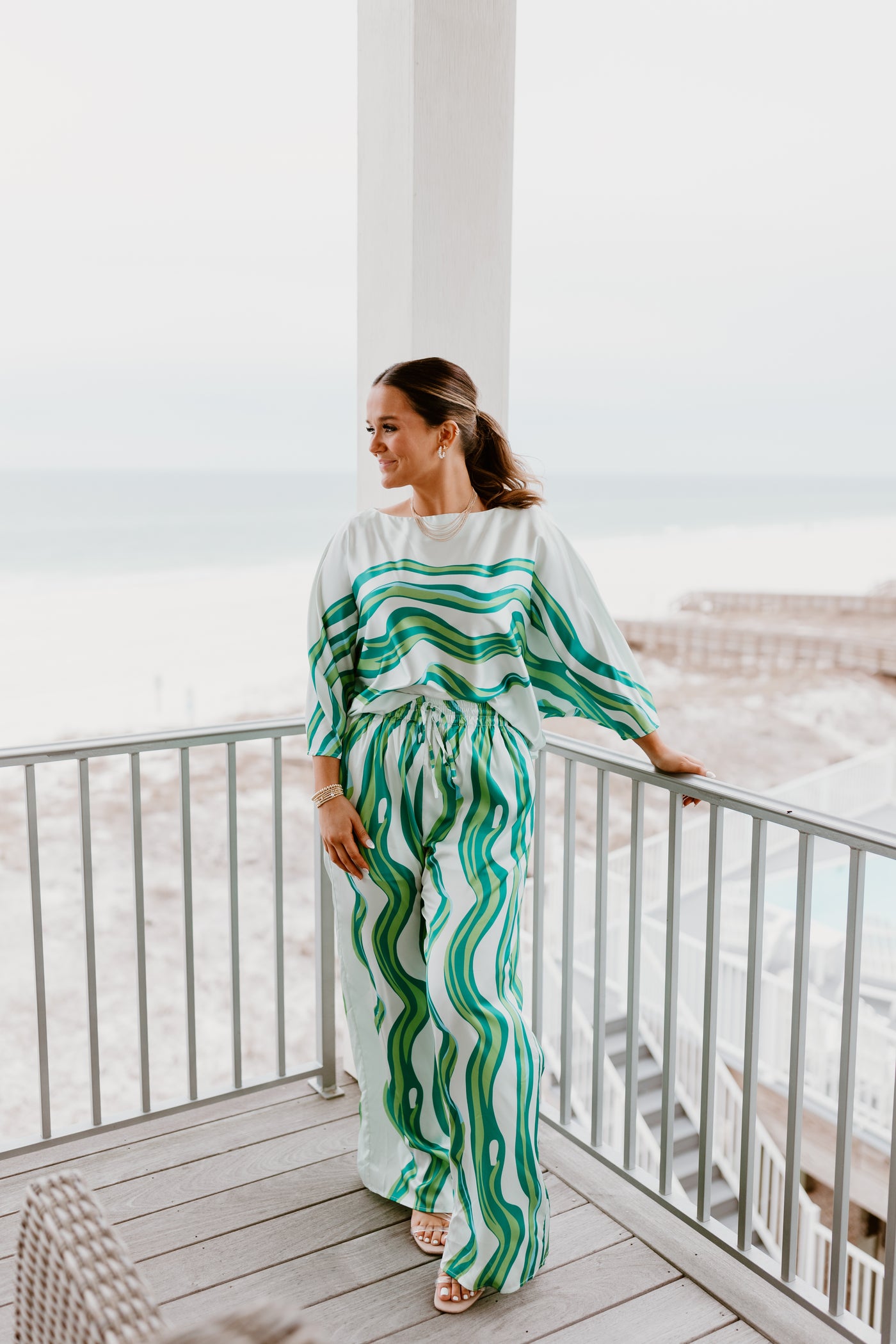 Green Abstract Wide Leg Top and Pant Set