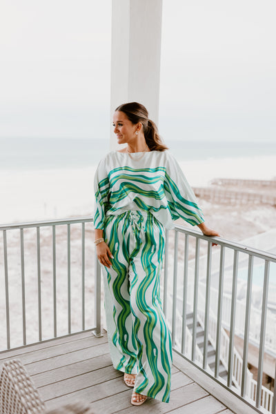 Green Abstract Wide Leg Top and Pant Set