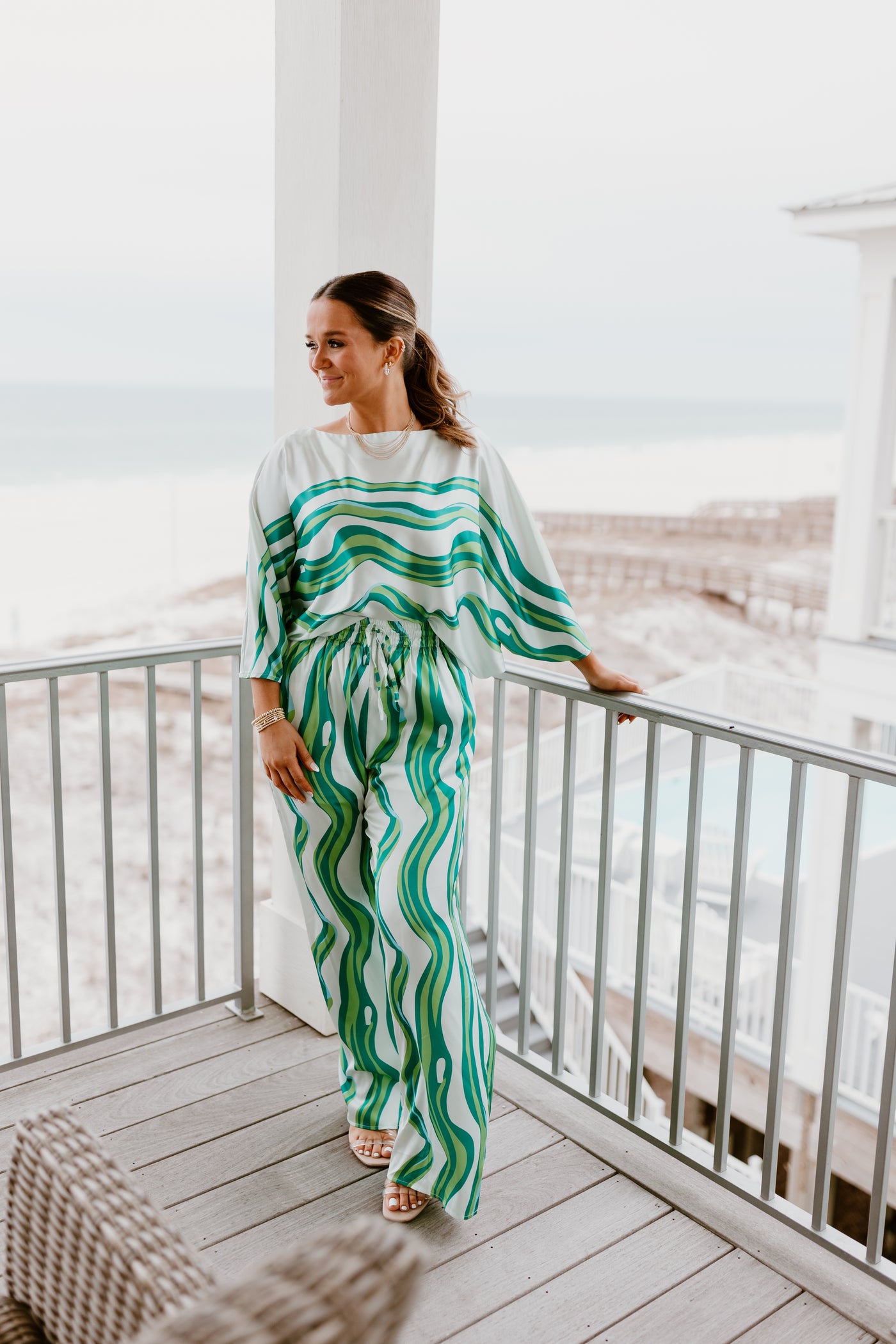 Green Abstract Wide Leg Top and Pant Set