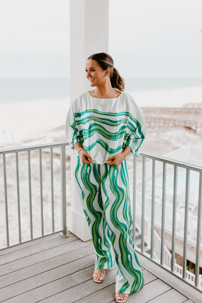 Green Abstract Wide Leg Top and Pant Set