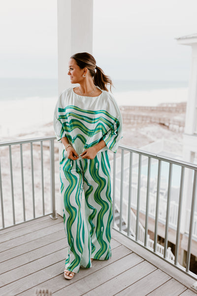 Green Abstract Wide Leg Top and Pant Set