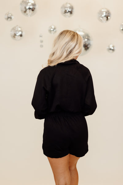 Black Long Sleeve Half Zip Collared Romper