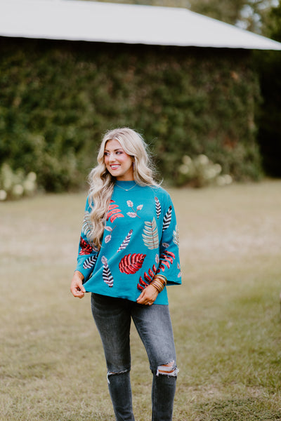 Teal Sequin Floral Bell Sleeve Knit Top