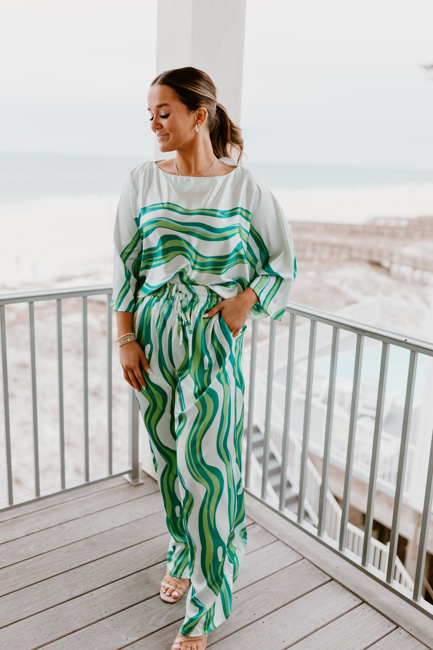 Green Abstract Wide Leg Top and Pant Set