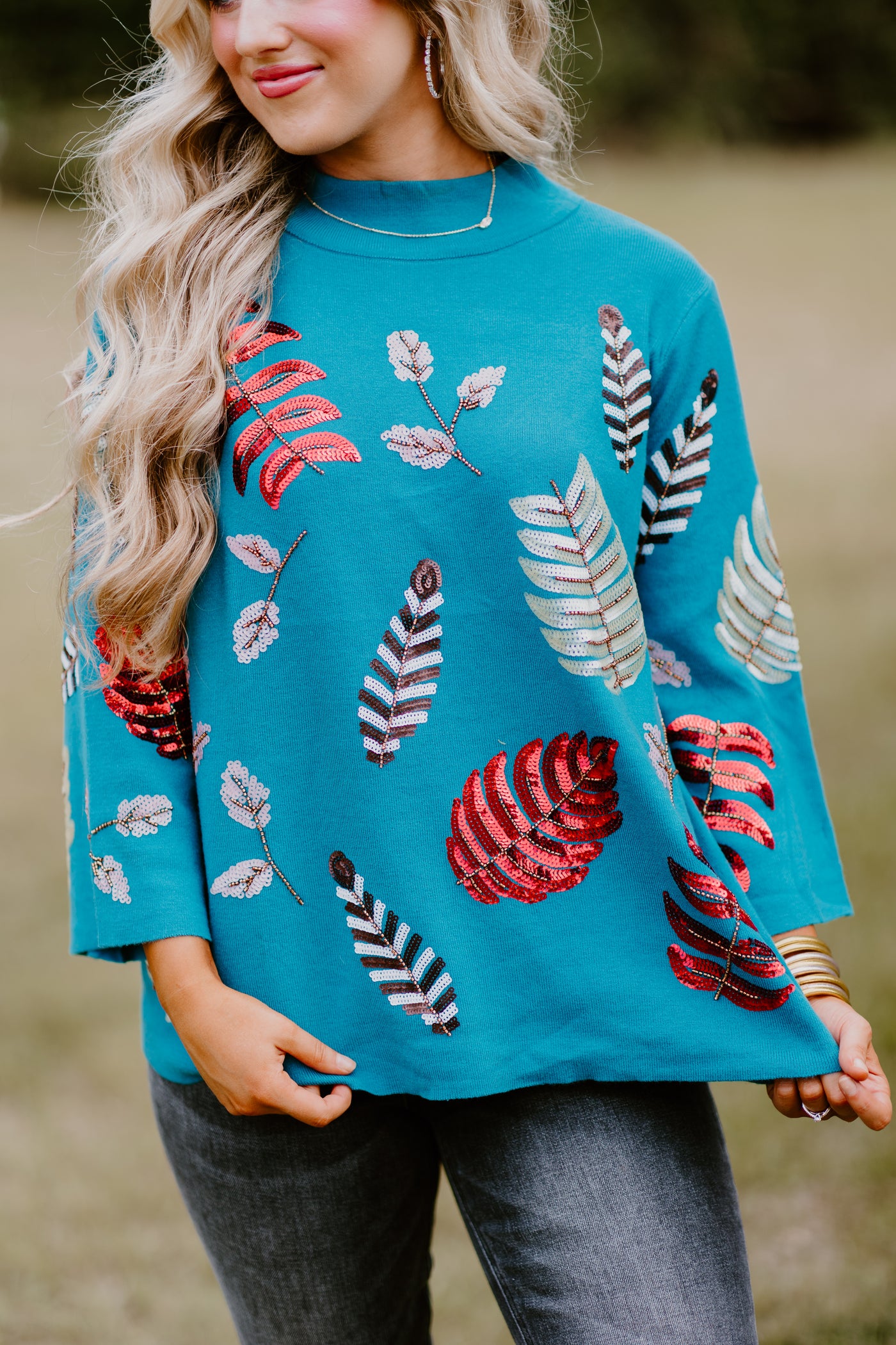 Teal Sequin Floral Bell Sleeve Knit Top