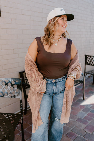 Dark Brown Sleeveless Solid Knit Top