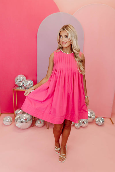 Pink Pleated Sleeveless Mini Dress