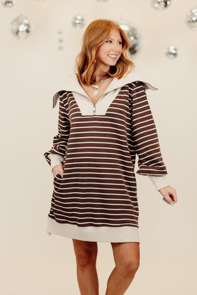 Brown Striped Ribbed Long Sleeve Mini Dress