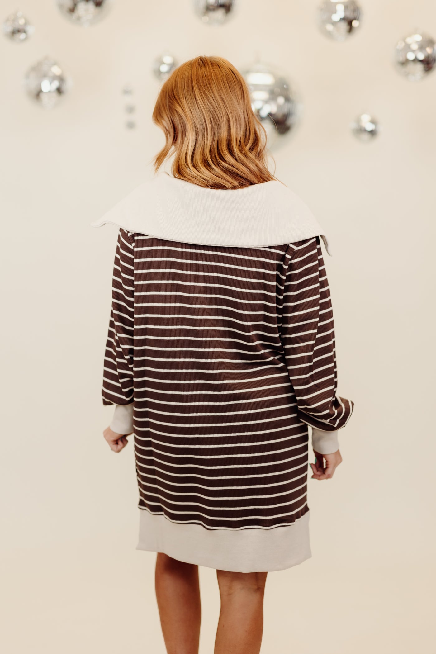 Brown Striped Ribbed Long Sleeve Mini Dress