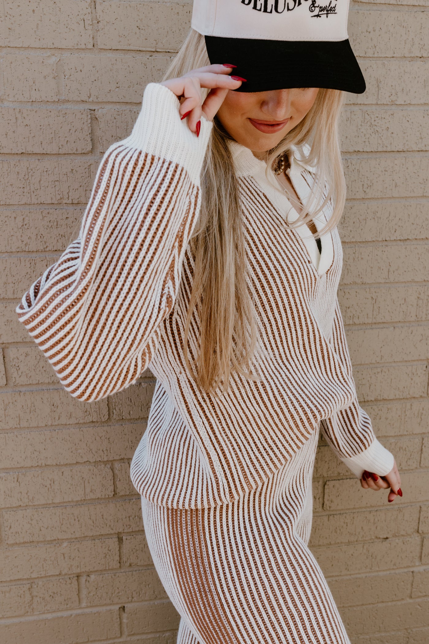 Ivory and Cinnamon Ribbed Sweater and Pant Set