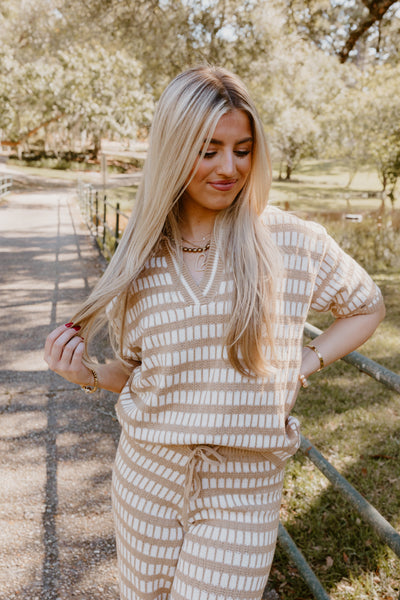 Brown and Cream Knit Sweater Top and Pant Set