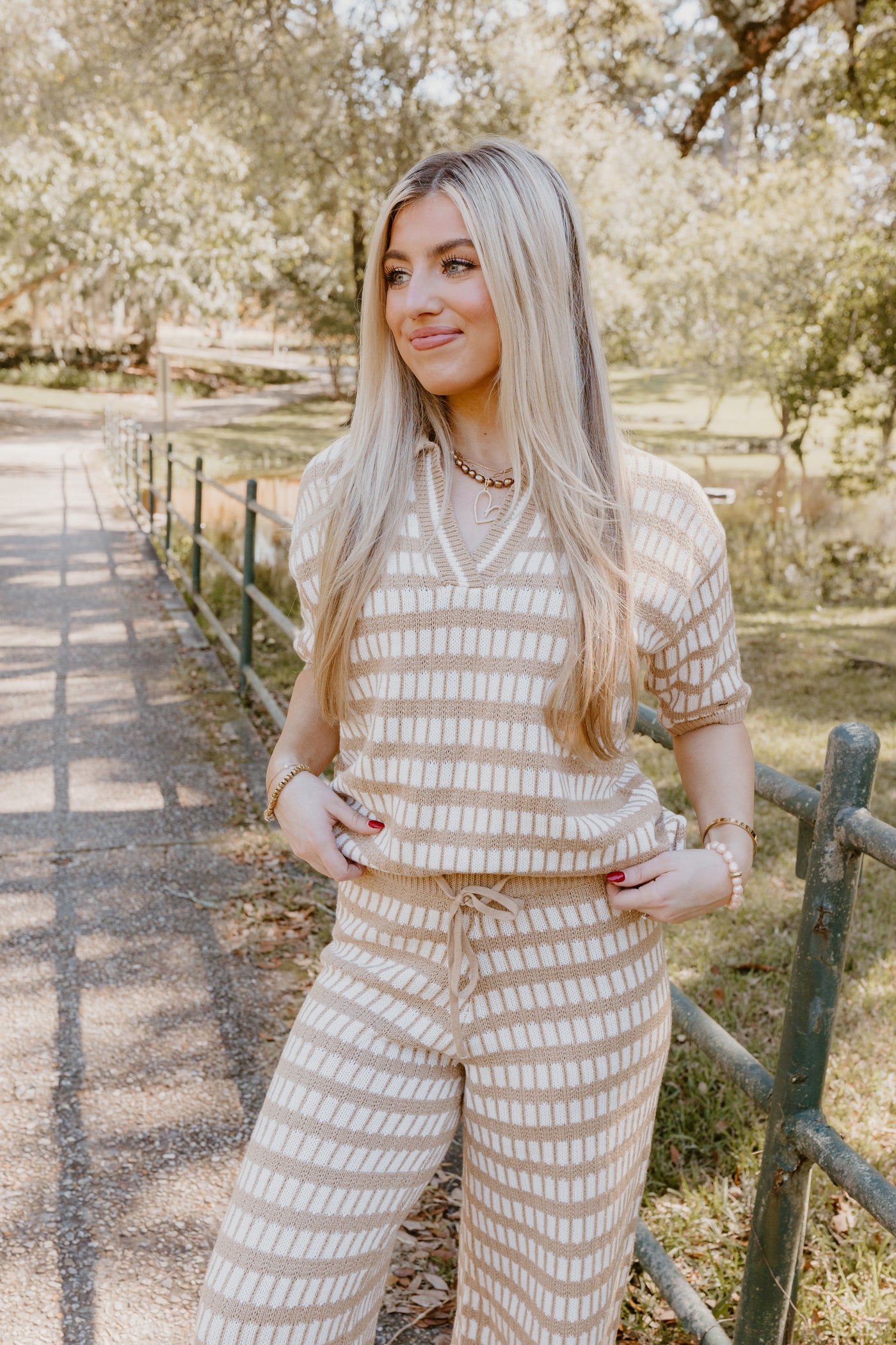 Brown and Cream Knit Sweater Top and Pant Set