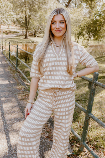 Brown and Cream Knit Sweater Top and Pant Set