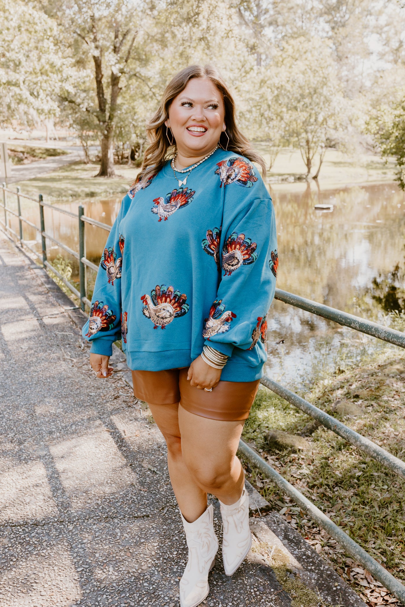 Queen of Sparkles Dark Teal Beaded Turkeys All Over Sweatshirt