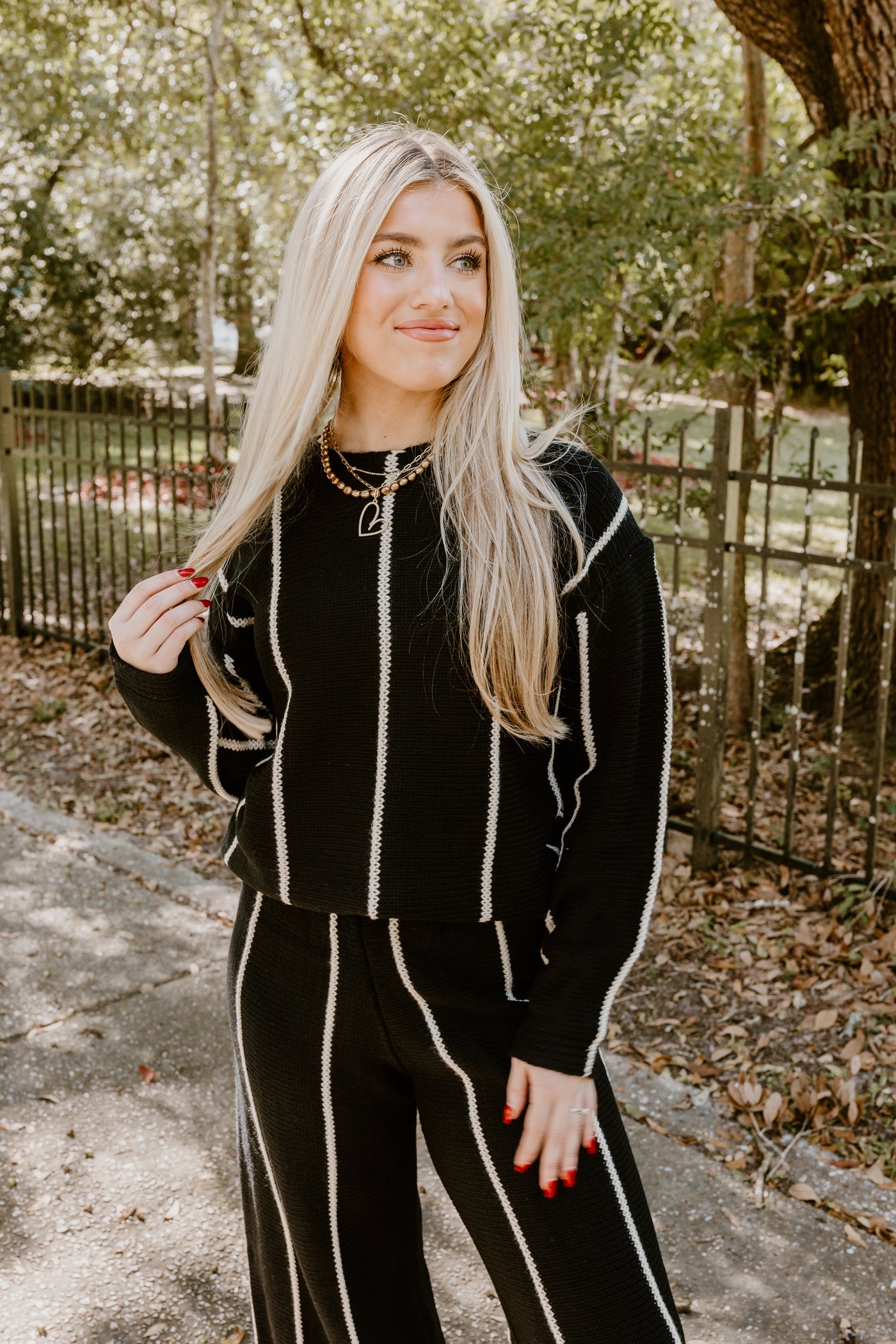 Black and Cream Striped Sweater and Pant Set