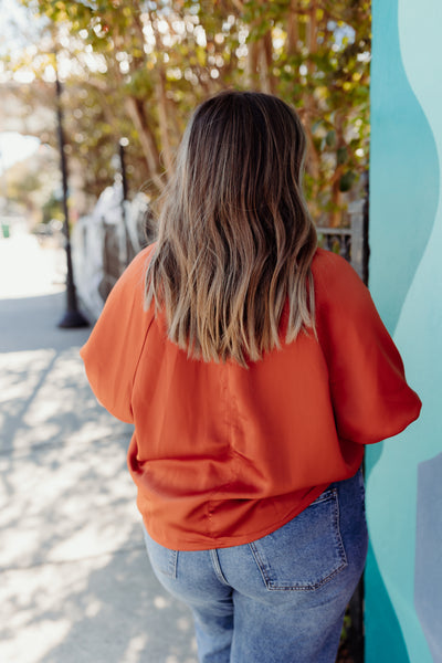 Rust Notch Neck Balloon Sleeve Blouse