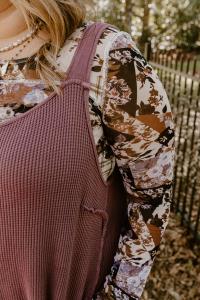 Cream Brown Floral Patchwork Mesh Fitted Long Sleeve Top